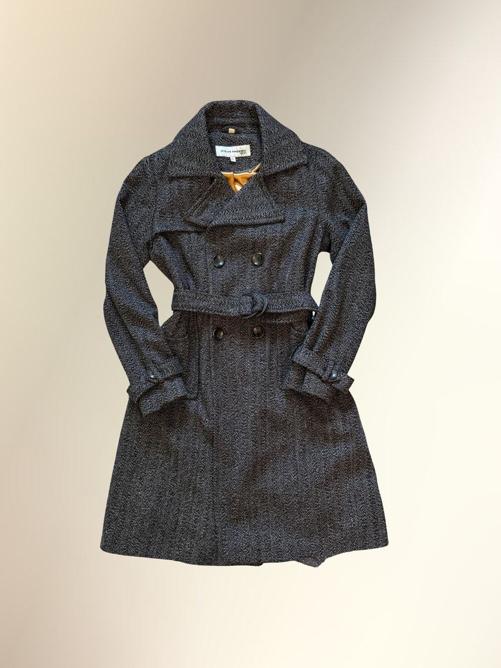 Steve Madden Charcoal Herringbone Wool Belted Trench Coat Women's XL